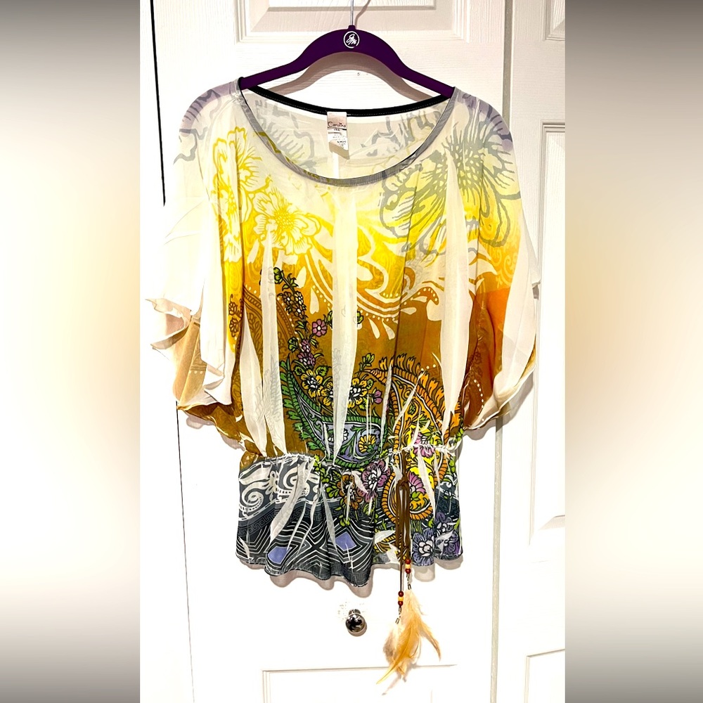 Women’s shirt. Size small. Sheer. Feather accent. Short sleeved.